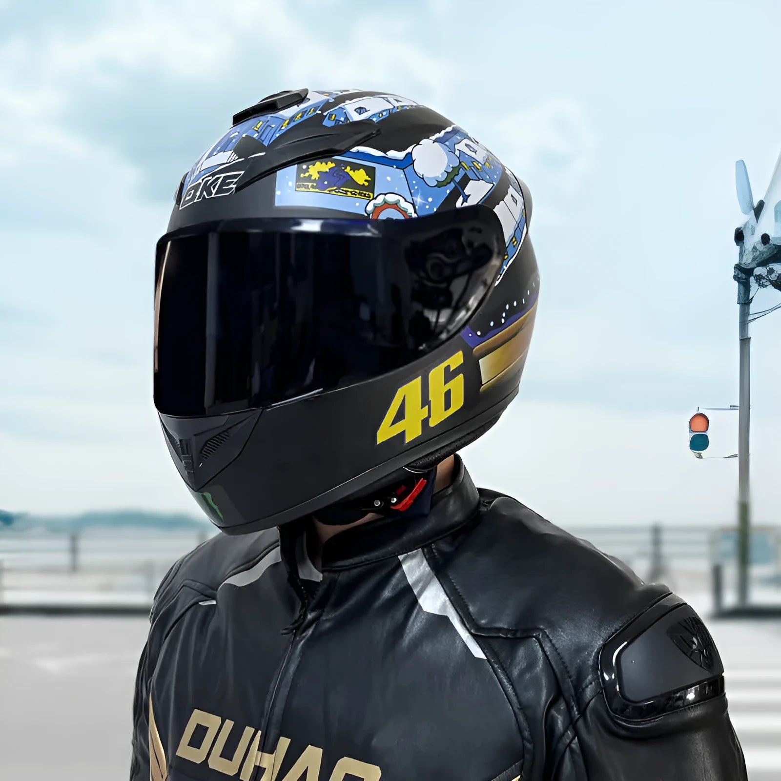 ABS motorcycle helmet in Dragon colour showing full-face design with sizes ranging from small to 3XL