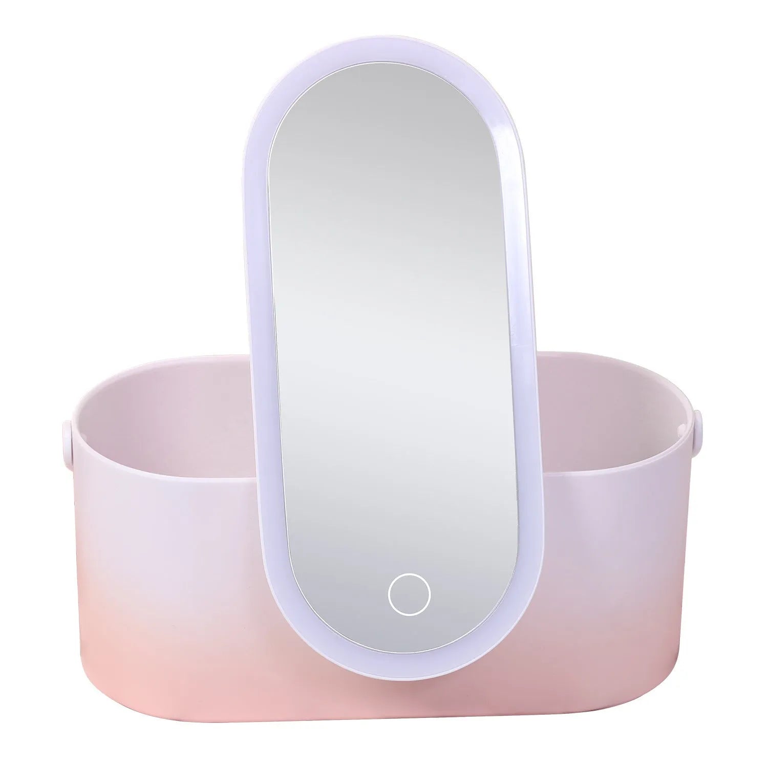 Pink gradient portable makeup storage box with built-in LED mirror and USB charging port