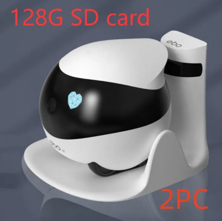 White smart home mobile surveillance robot camera on its automatic docking station.