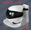 White smart home mobile surveillance robot camera on its automatic docking station.