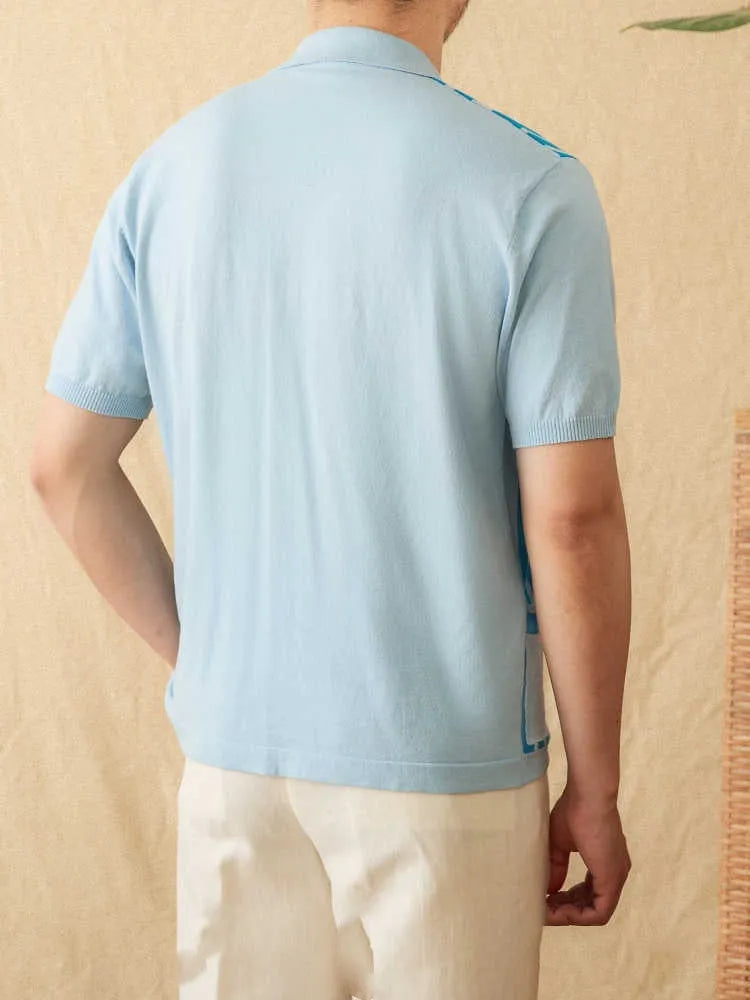 A royal blue striped lapel cardigan polo shirt on a hanger, showing short sleeves and knitted fabric.
