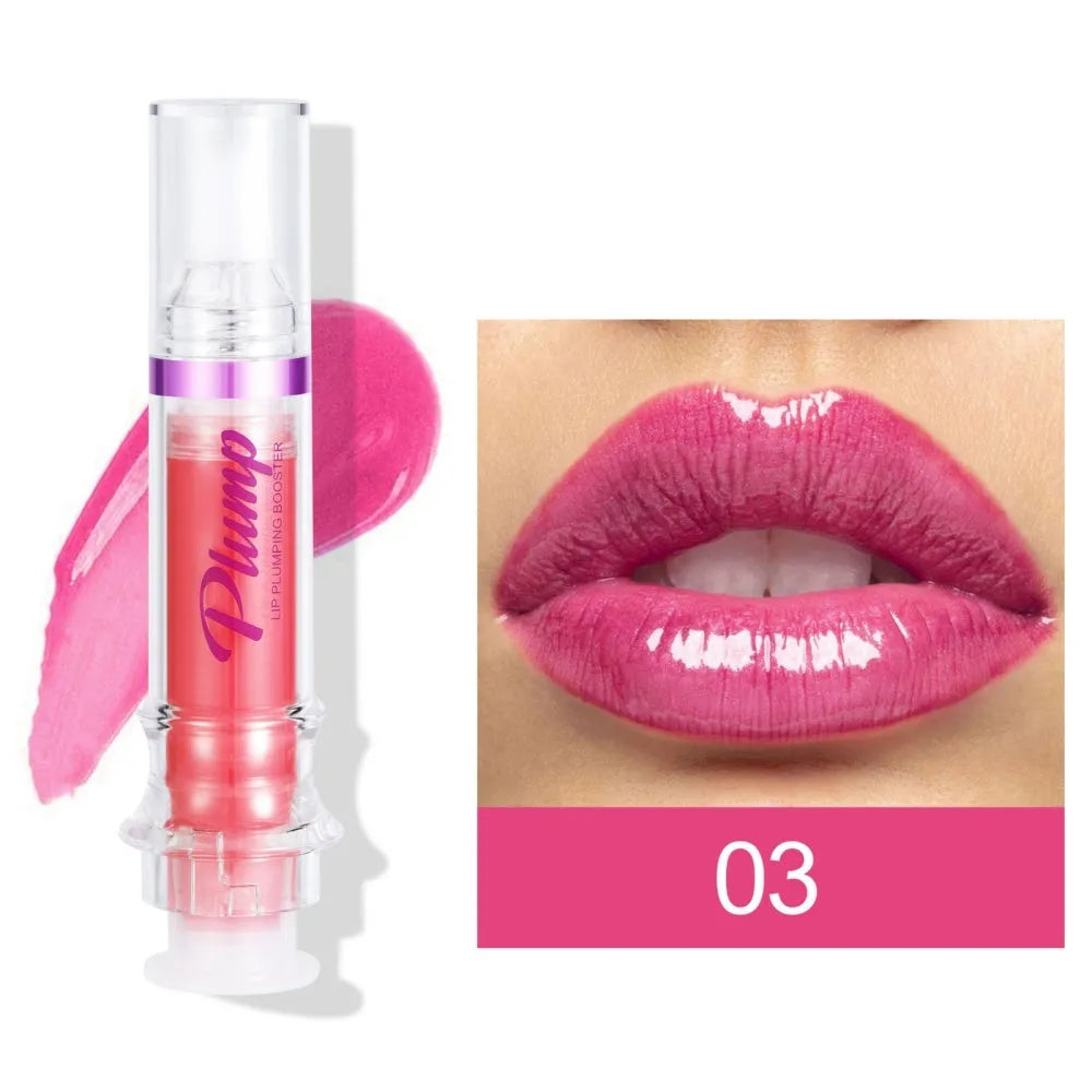 Lip gloss tube with mirror finish showing shiny application on lips