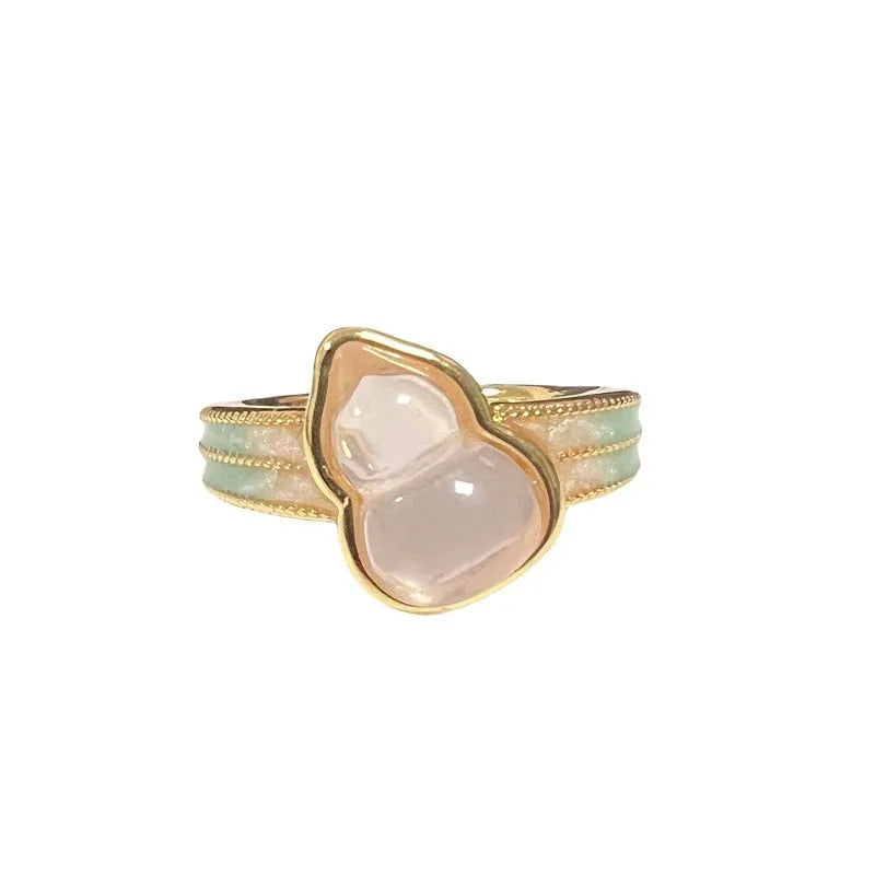 Adjustable copper gourd ring with vintage oil-drip finish and zircon inlay.
