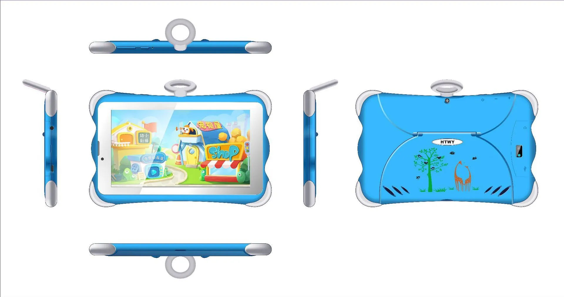 Cartoon green children's 7-inch learning tablet displayed on its included stand