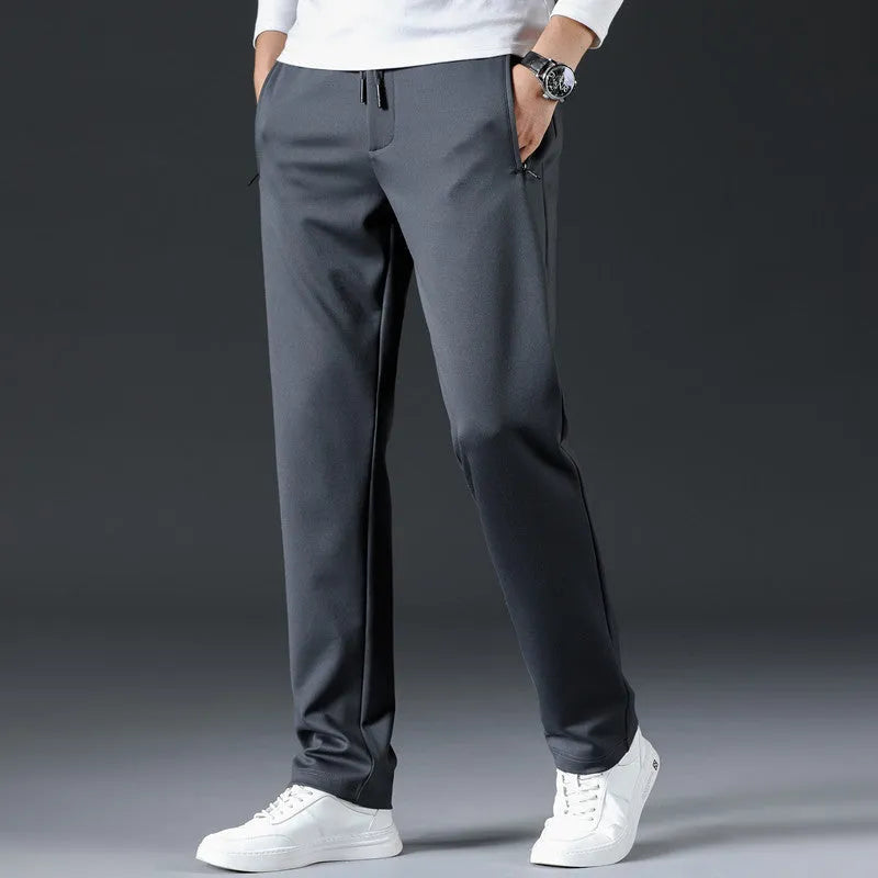 Men's loose straight business trousers in solid color gray with drawstring waist and straight leg