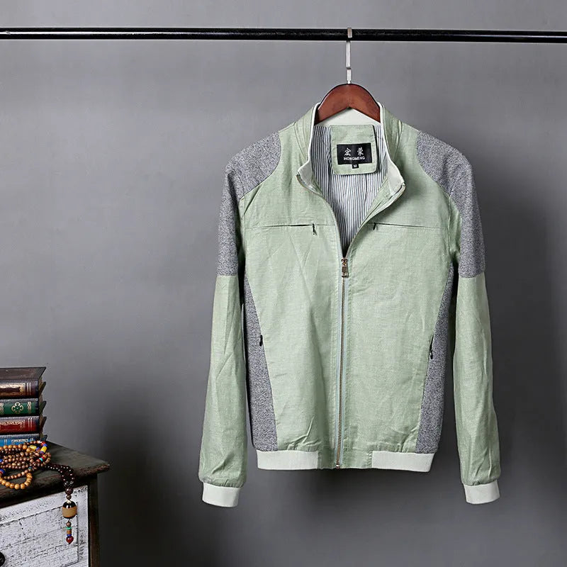 Men's thin colour block linen jacket in blue, grass green, or heather grey on a hanger.