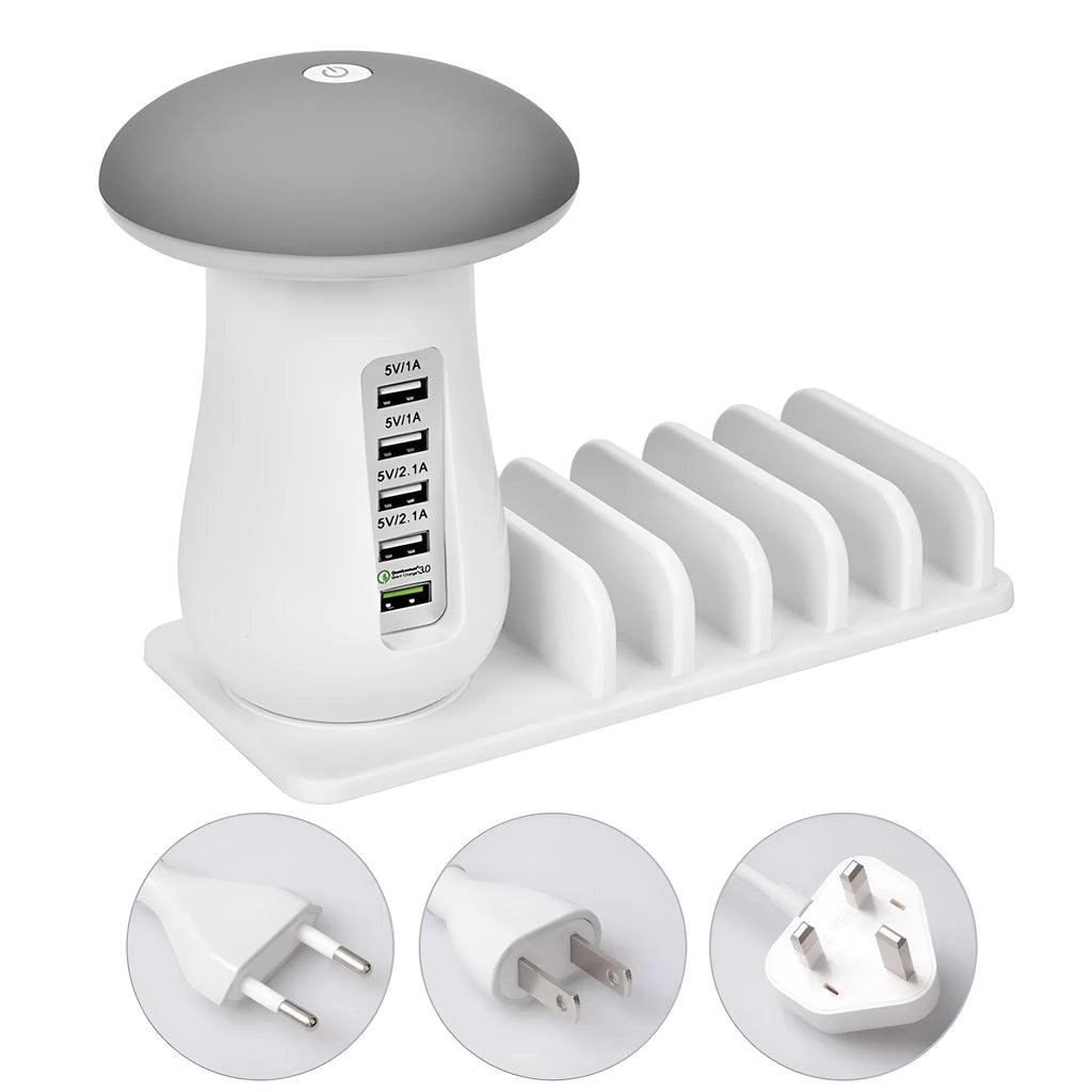 Mushroom-shaped USB charging station with 5 ports and soft LED lighting