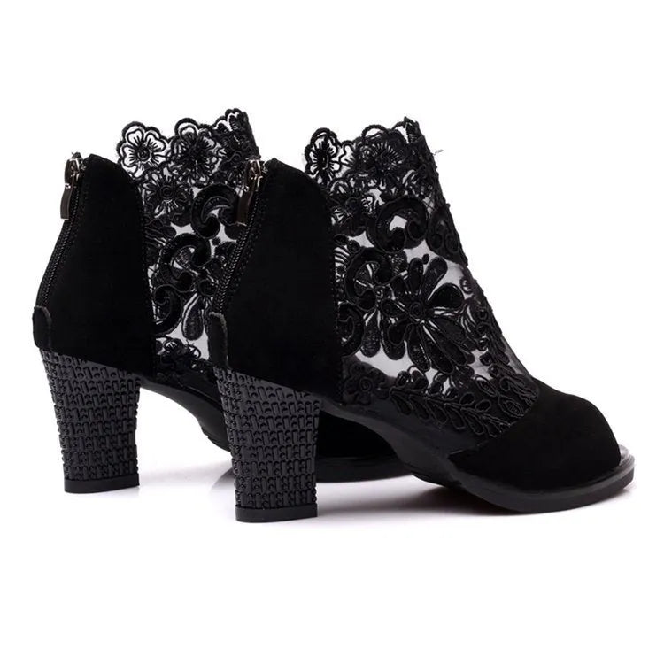 Black floral lace gladiator sandals with square high heel and peep toe design