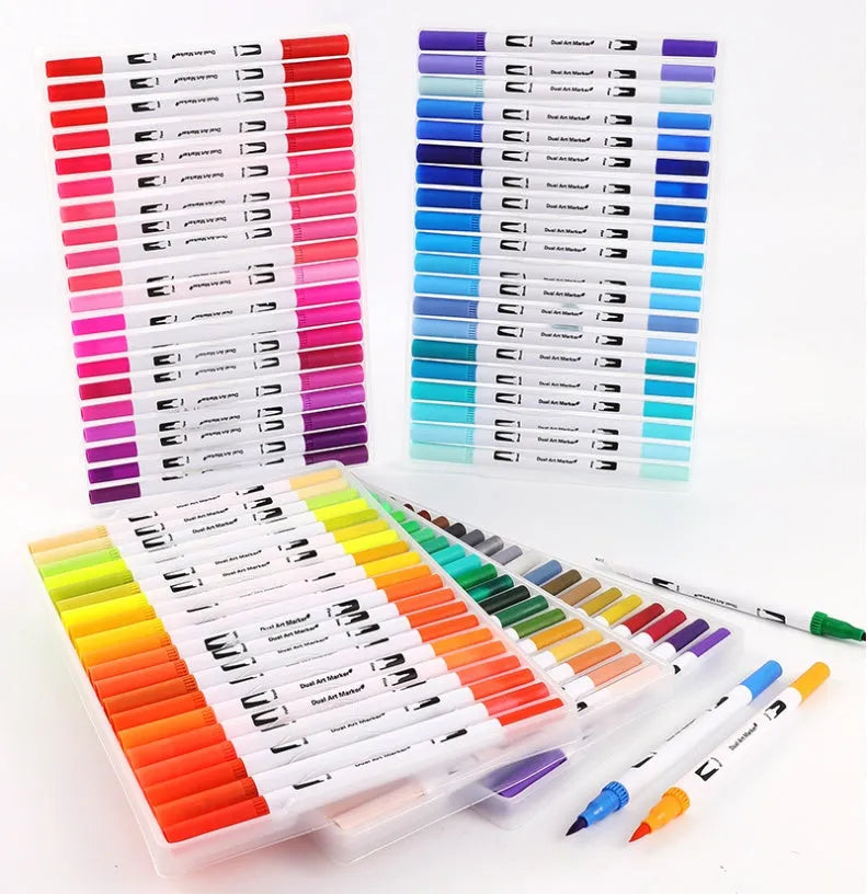 Set of watercolour pens in a case, showing multiple colour options including 100, 72, 60, and 48 count packs.