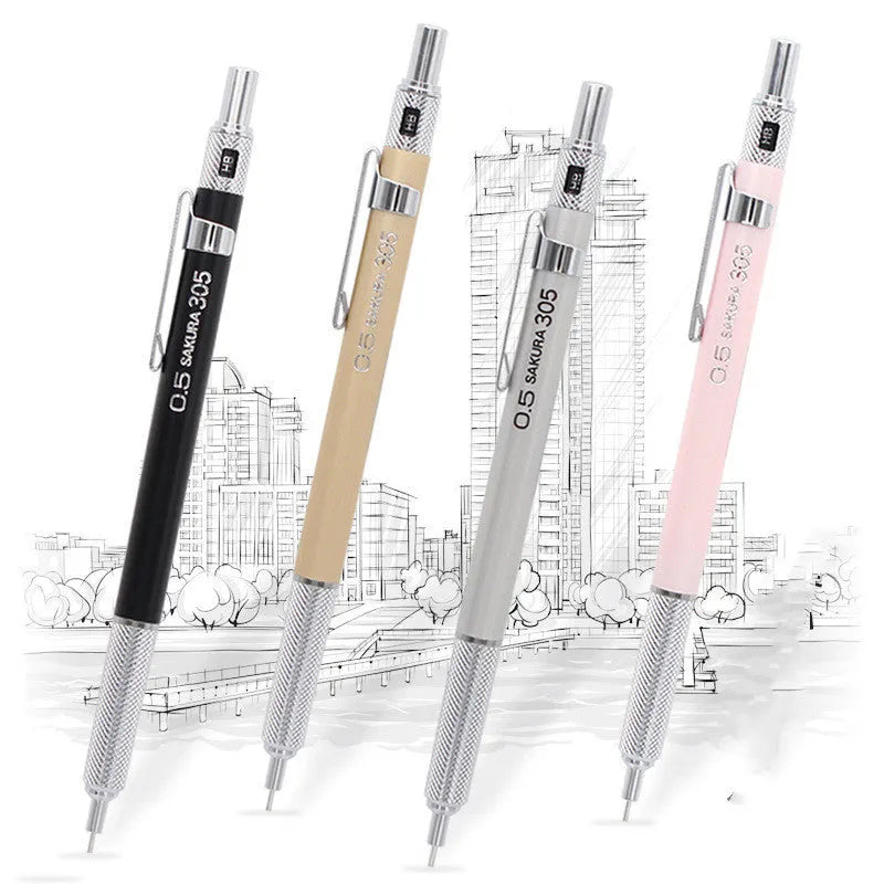 Japanese metal mechanical pencil in gold silver black pink colours showing 0.3mm 0.5mm lead options