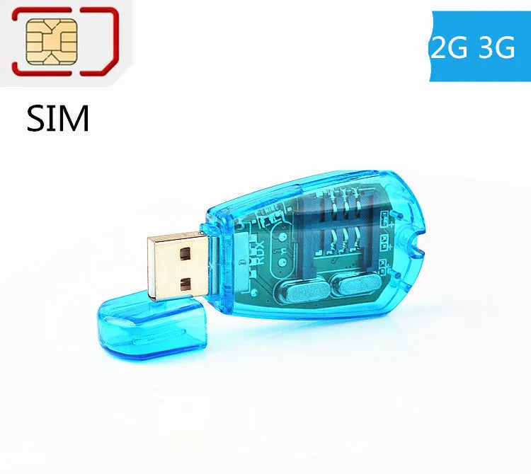 Blue external USB 2.0 mobile phone SIM card reader on a white background.