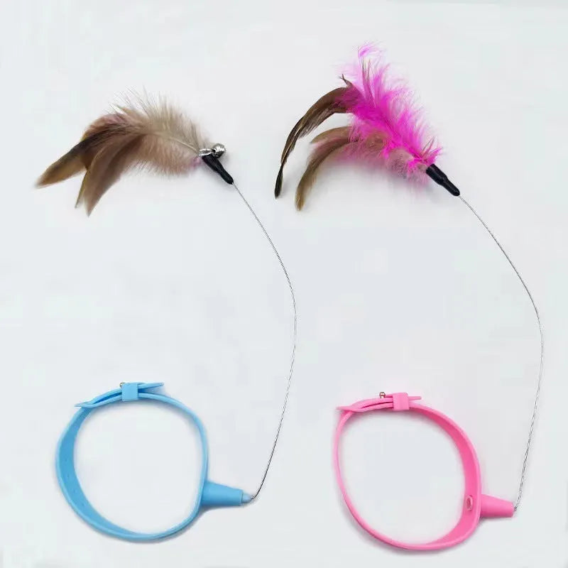 Adjustable cat collar toy with bell, detachable silicone teasing wand, and feather attachment in blue and pink options
