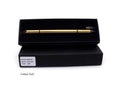 Silver inkless metal pen with alloy nib next to its storage box and spare nib.