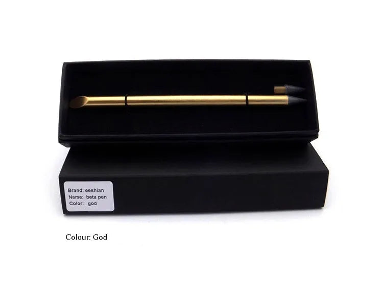 Silver inkless metal pen with alloy nib next to its storage box and spare nib.