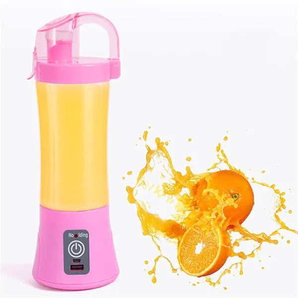 Blue handheld electric juicer with 400ml transparent cup and USB charging cable