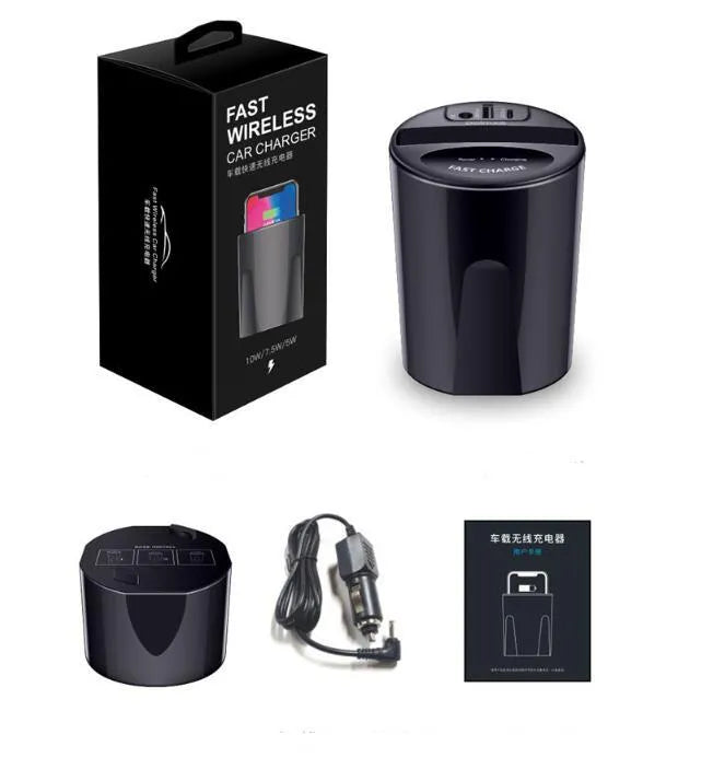 Black X9 car wireless charging cup with detachable base on a car dashboard, showing LED light and phone charging.
