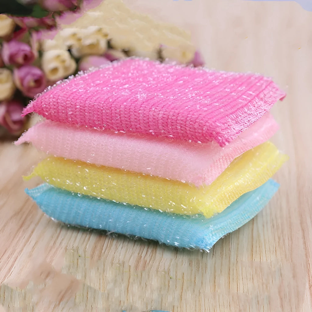Pinstripe fabric dishwashing sponge mop in macaron colours shown on a kitchen counter.