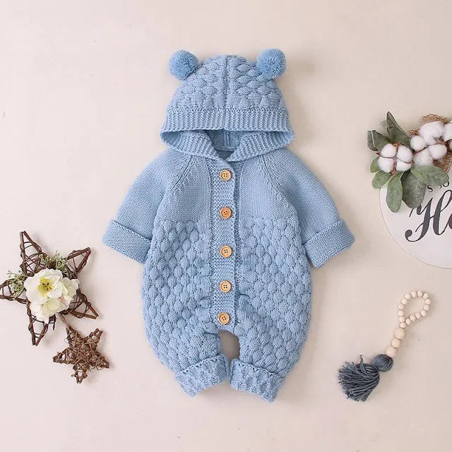 Baby knitted cotton romper, sleeveless hooded, light blue, sizes 66-100cm, Class A safety