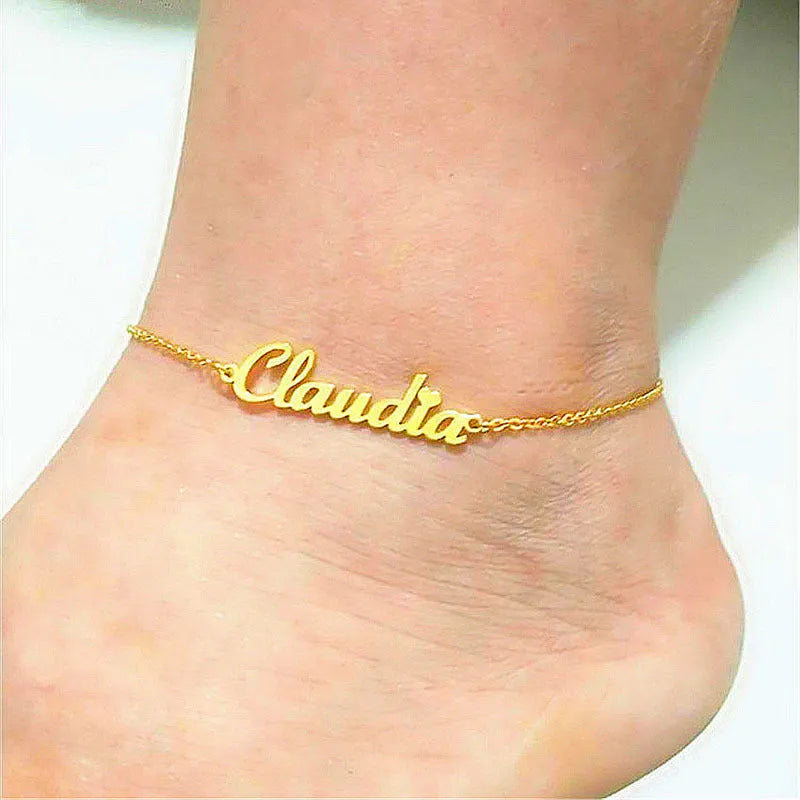 English alphabet chain anklet in rose gold made from titanium steel with plating finish