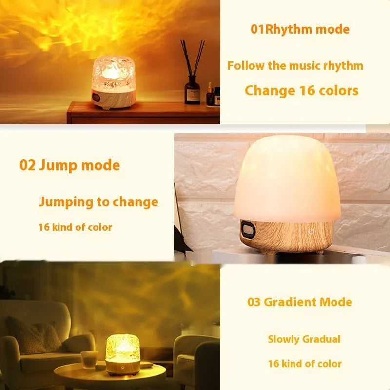 Walnut colour dynamic water ripple Bluetooth bedside table lamp with 16 colour changing modes