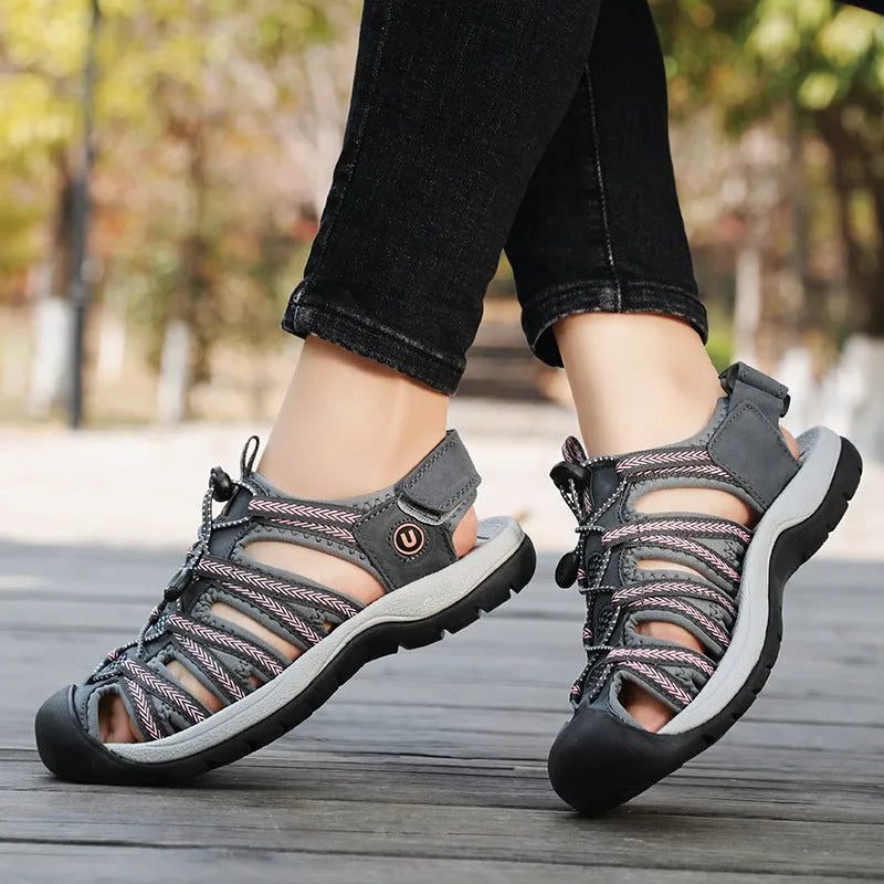 Women's black leather mesh toe box sandals with elastic band fastening
