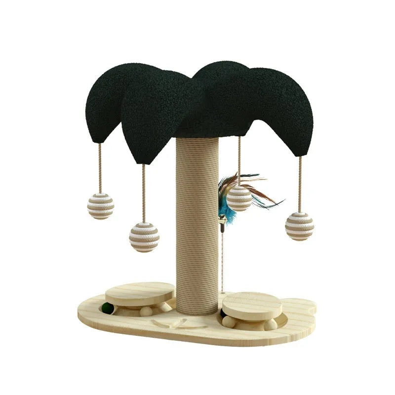Solid wood cat scratching post with sisal rope and rotating turntable in decorative panda style design