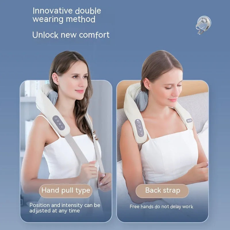 Beige neck massager with six massage nodes and hot compress function on a chair