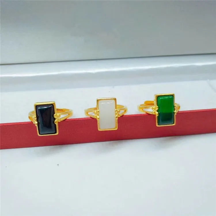 Brass gold-plated adjustable ring with electroplated artificial gemstone inlay in national style design