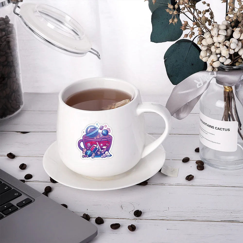 Pack of 50 colourful tea cup graffiti waterproof stickers in Nordic style for luggage and scooter DIY