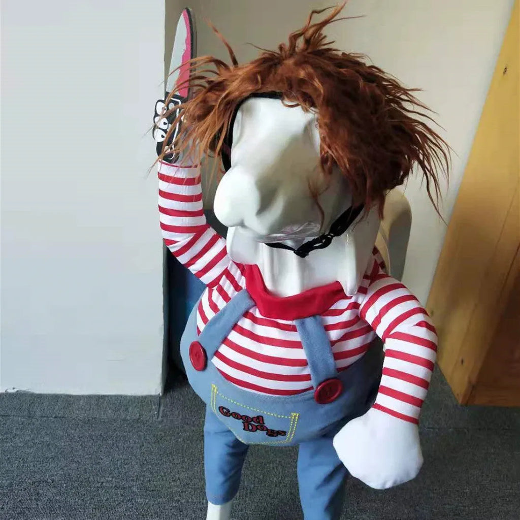 Red polyester adjustable Halloween dog costume with wig and foam knife for pet cosplay parties