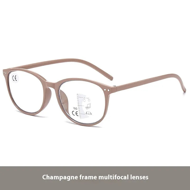 Women's ultra-light multi-focus presbyopic glasses in a choice of five frame colours on a plain background.