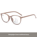 Women's ultra-light multi-focus presbyopic glasses in a choice of five frame colours on a plain background.