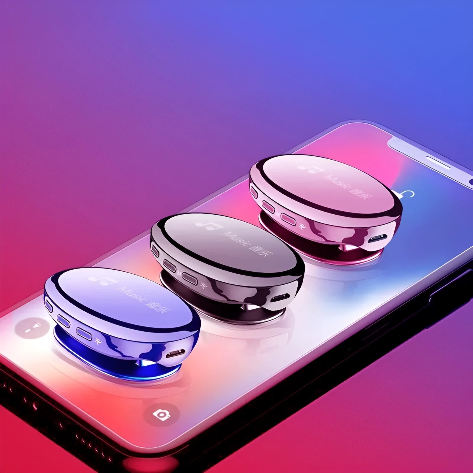 Bluetooth MP4 music player in black, blue, or rose gold with OLED screen showing track info.