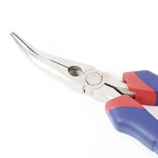 Blue and black handled curved nose pliers with fine 5mm tips, 160mm long.