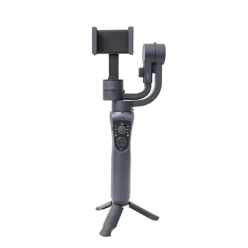 Black three-axis mobile phone gimbal stabiliser with tripod and protective cases