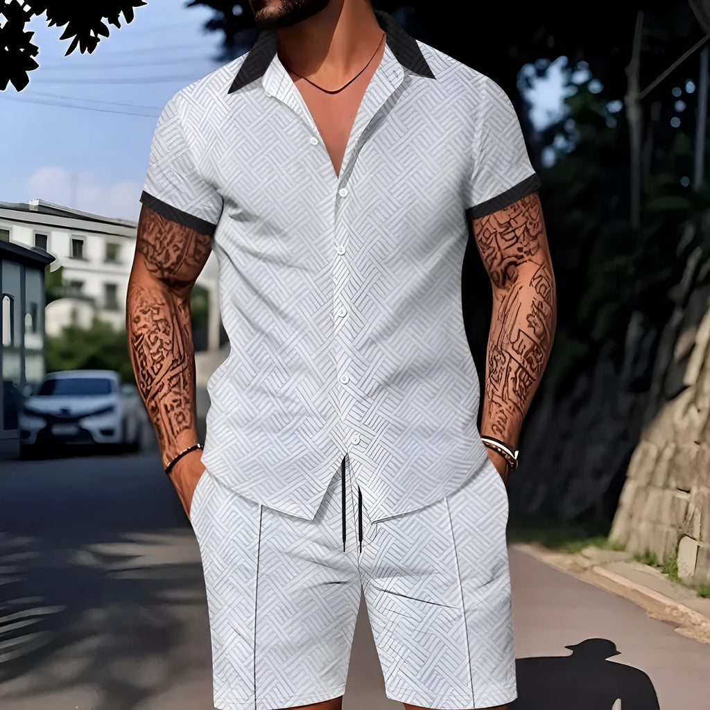 Man wearing a casual short sleeve digital print suit set consisting of a top and matching shorts.