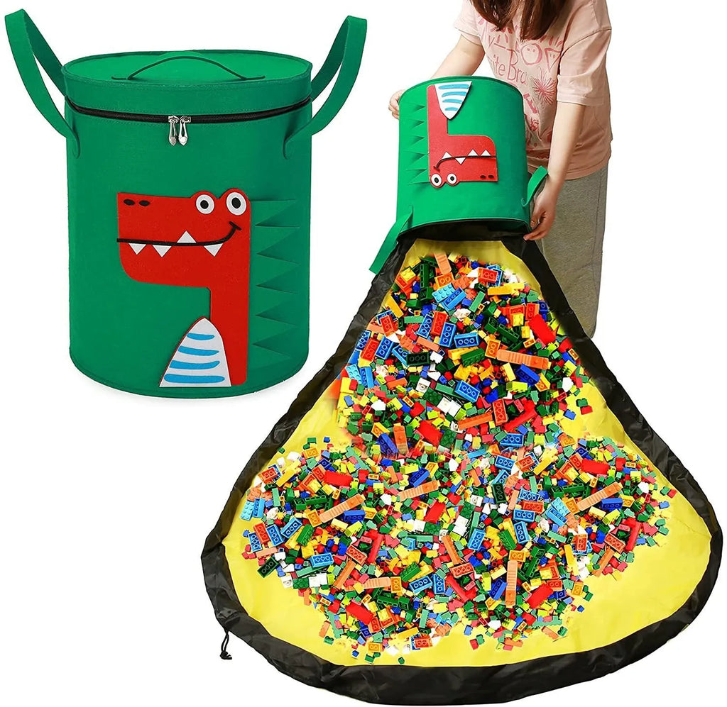 Green felt cube storage bag with pull rope, shown both as a flat play mat and gathered toy bag