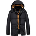 Men's black velvet padded winter jacket with hood and double breasted front closure