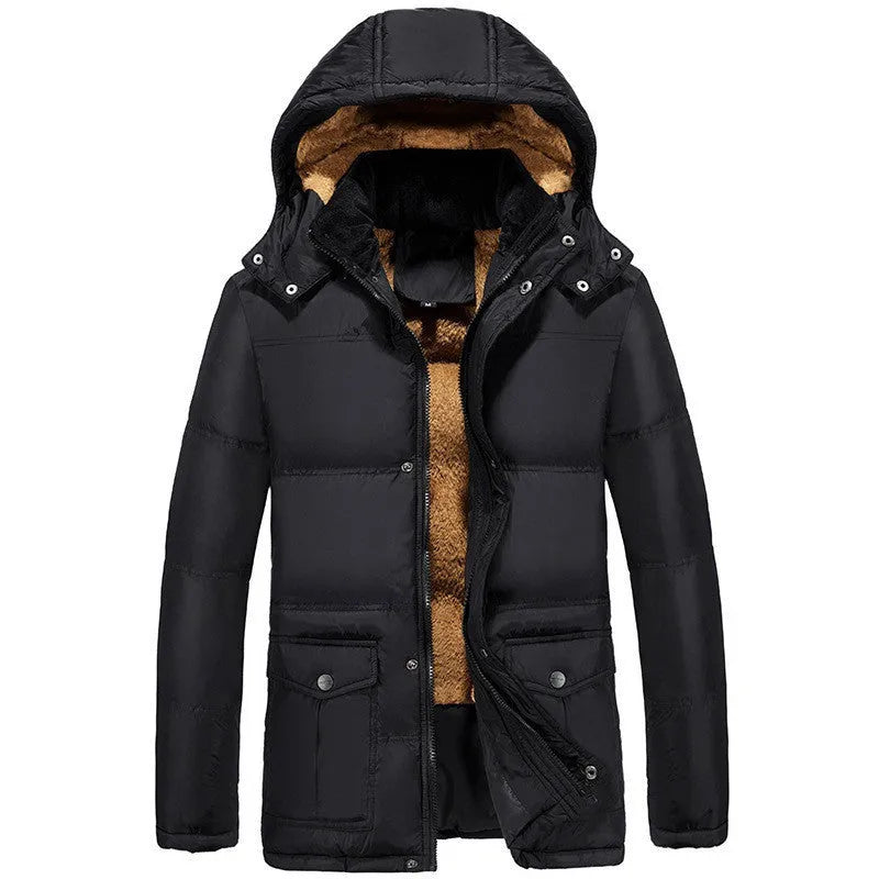 Men's black velvet padded winter jacket with hood and double breasted front closure
