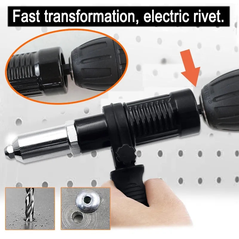Black metal electric drill rivet gun with alloy steel forged head, 173mm long, shown with handle, wrench, and rivet heads.