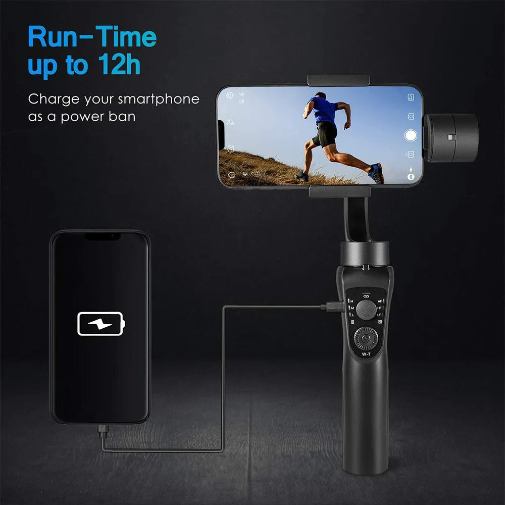 Black three-axis mobile phone gimbal stabiliser with tripod and protective cases