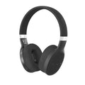 Folding wireless sports headphones in black, showing Bluetooth connectivity and compact stored size.