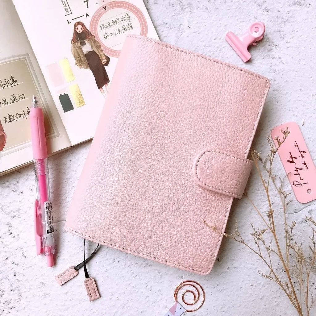 Lychee pattern cowhide leather notebook in A6 size with loose-leaf binding