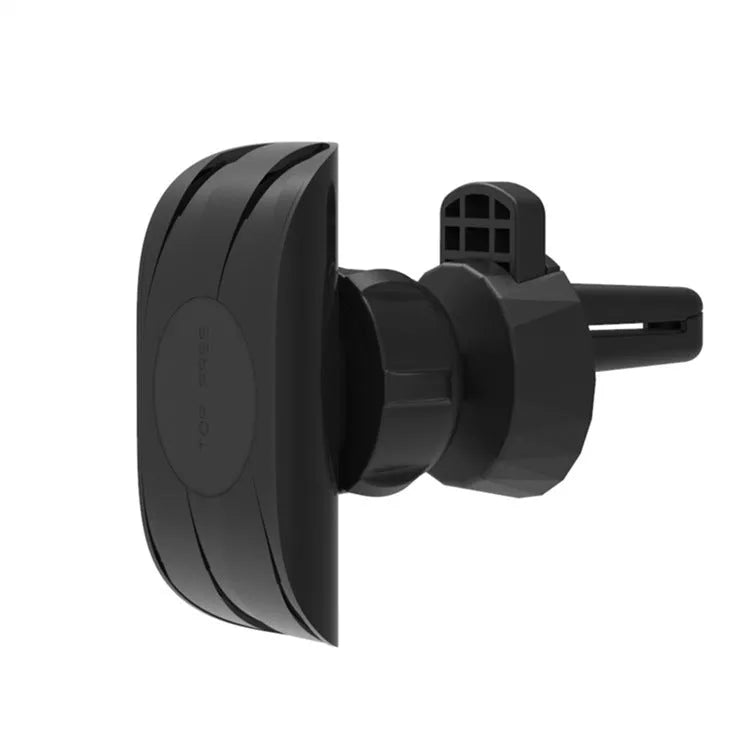 Black car phone holder mounted on vehicle air vent showing smartphone placement