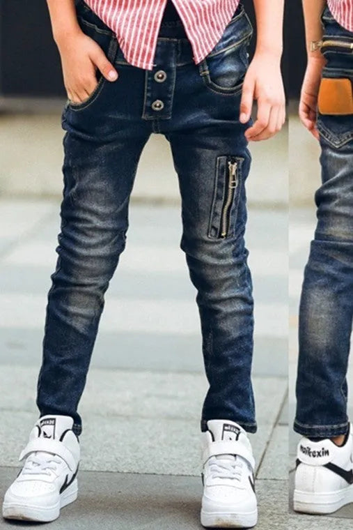Boys stretch denim pants in denim blue with zipper pocket, soft cotton fabric