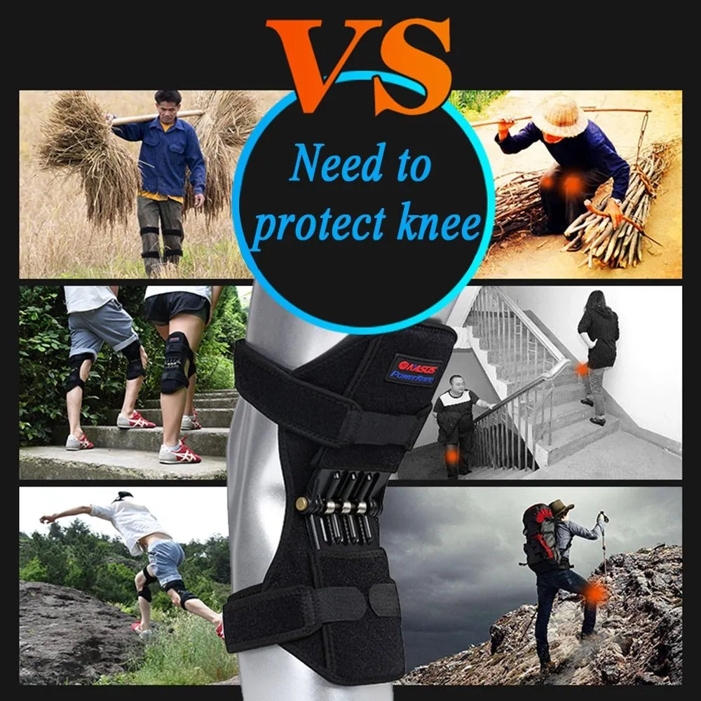 Black spring knee brace with adjustable straps, shown on a knee, for mountaineering and sports support.