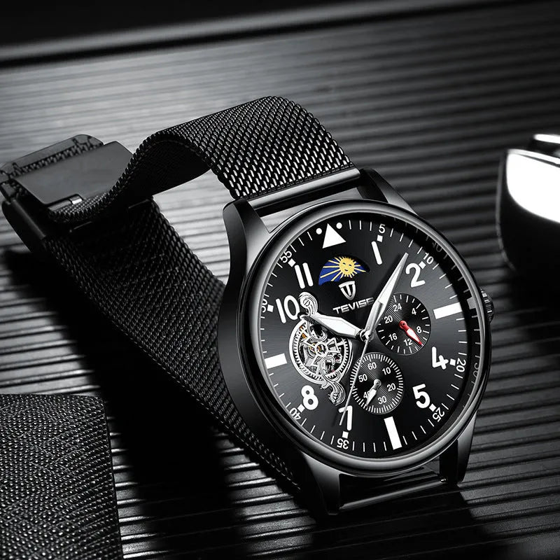 Black men's mechanical watch with moon phase indicator and luminous hands on alloy case