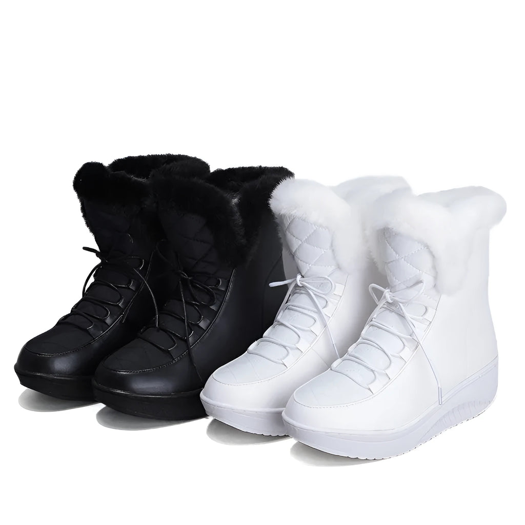 Black women's winter boots with lace-up front, platform sole, and plush lining.