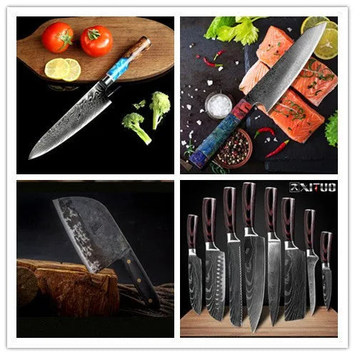 8-piece kitchen knife set with additional Damascus and high carbon steel knives in black and wood colours