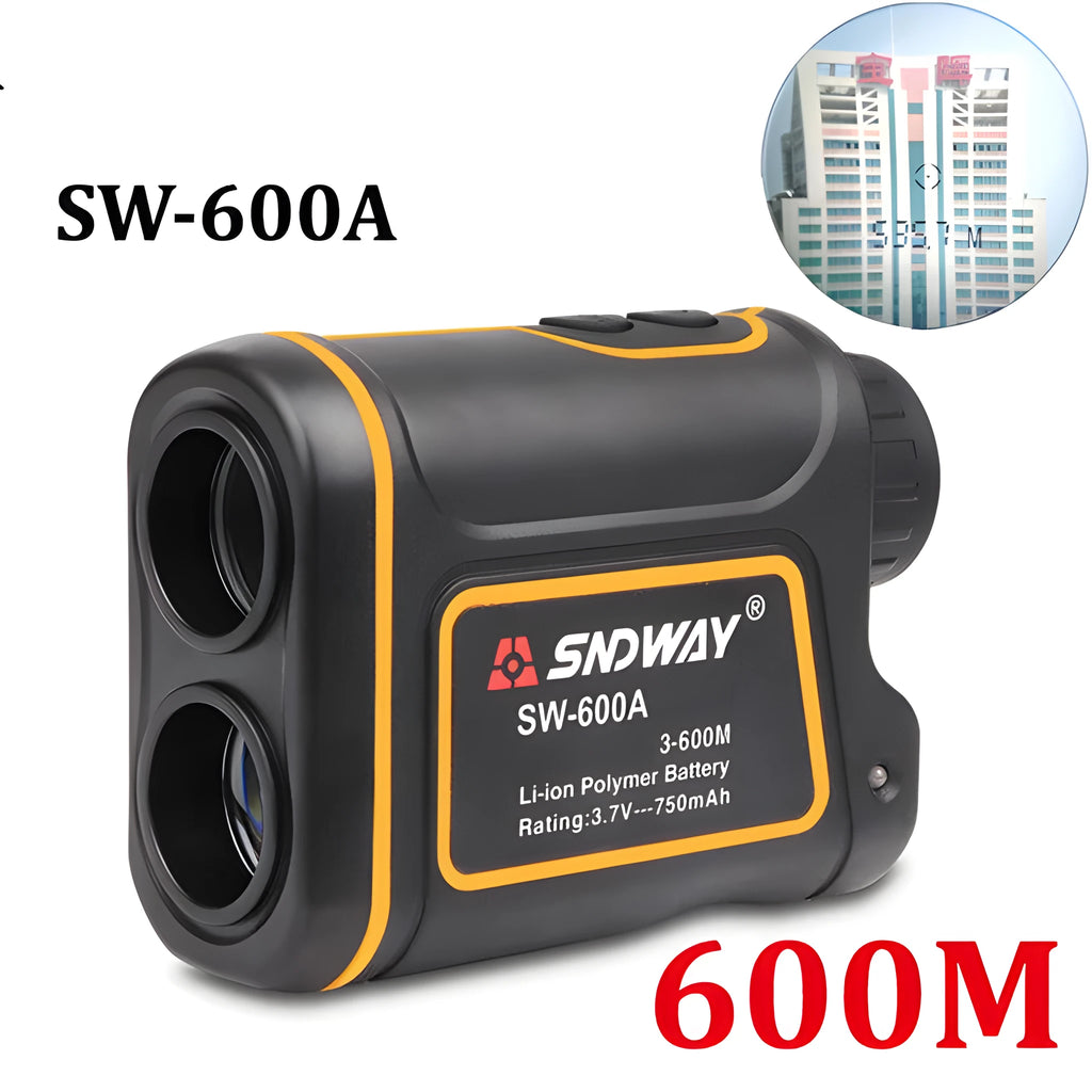 Outdoor handheld golf rangefinder showing compact black design with display screen and measurement buttons